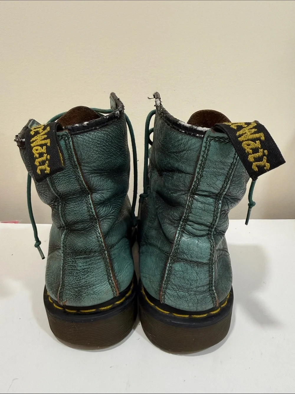 Dr. Martens Teal Green Leather Chukka Boots with Yellow Stitching